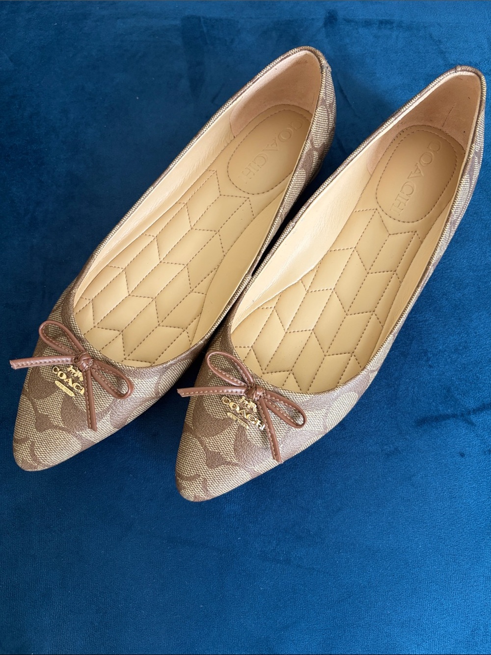 Coach Brown Signature Pointed-Toe Flats with Bow & Gold Charm